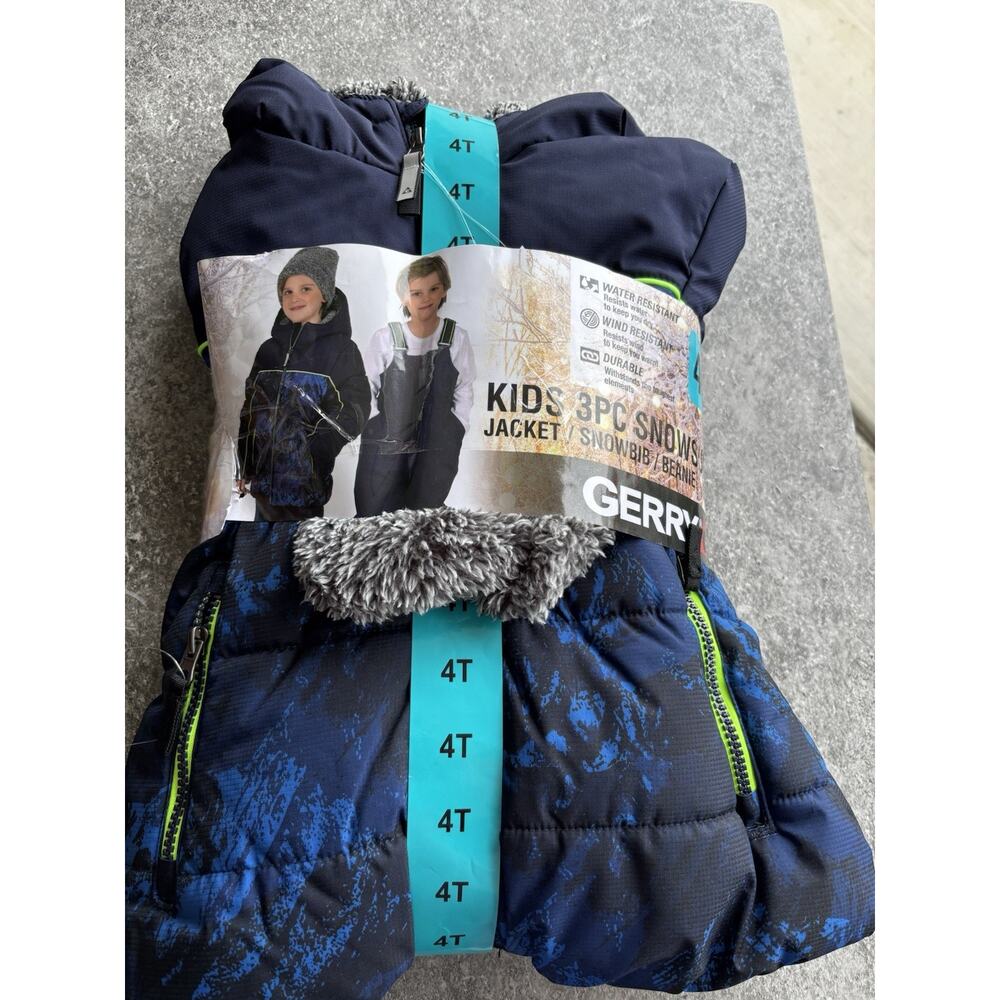 Gerry Kids 3-Piece Snowsuit Set Jacket/Snowbib/Beanie Dark Blue 4T (Torn Tag)